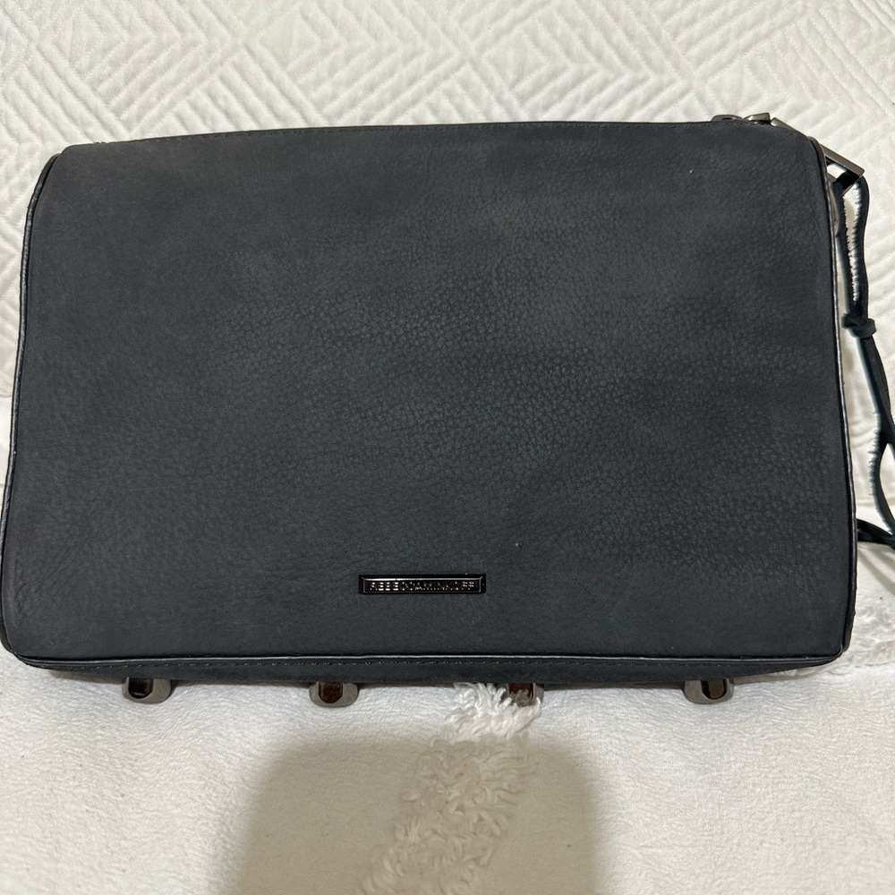 REBECCA MINKOFF Black Sueded Leather Gunmetal Crossbody Purse Avery